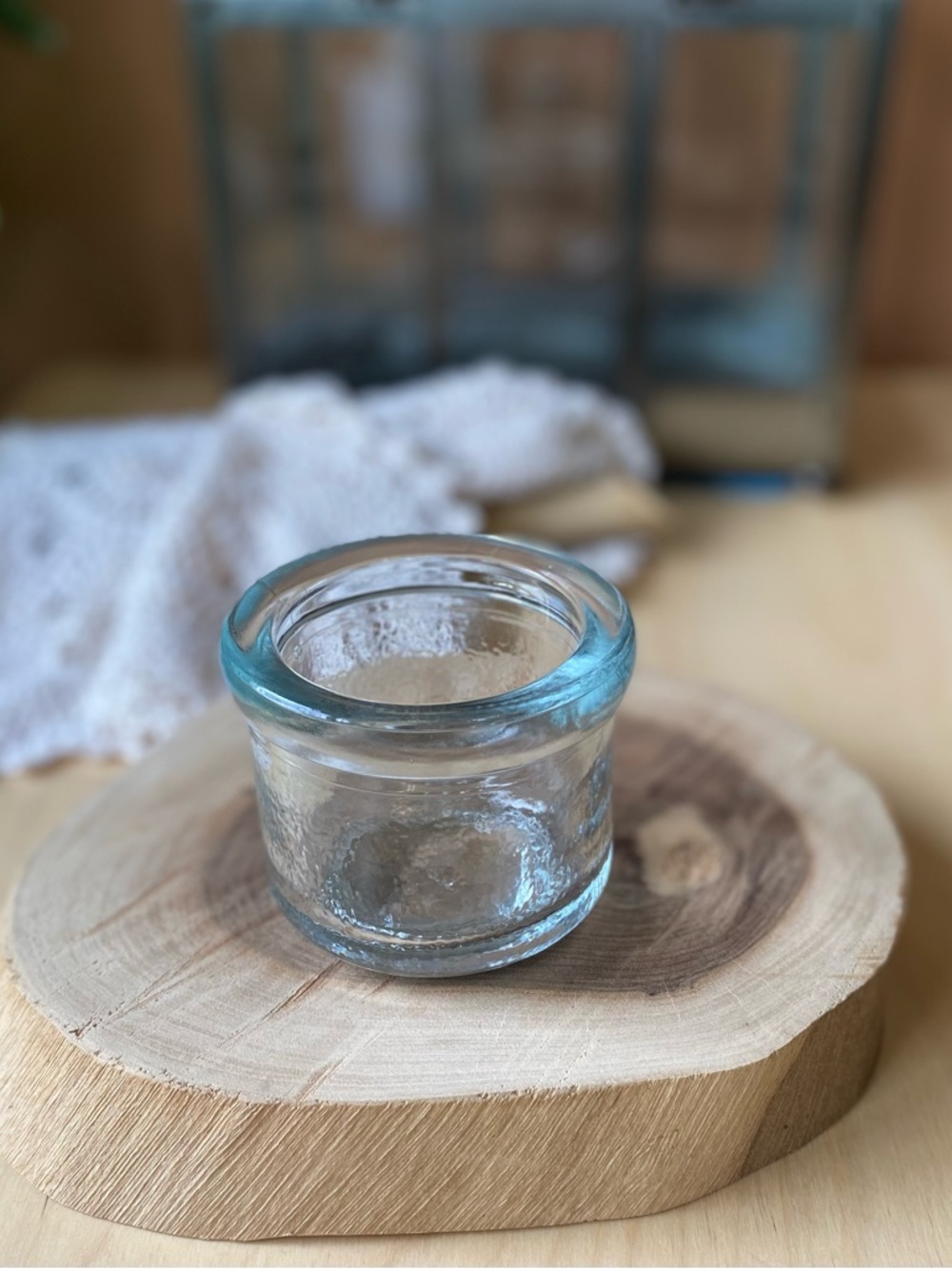 Small Clear Glass Jar with Aqua Rim